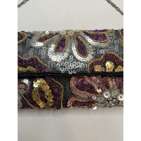 Jessica McClintock Vintage Sequin Clutch Black Satin Sequin Flowers Evening Bag - Picture 2 of 8